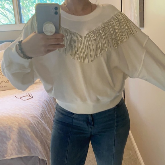 CODE X MODE Sweaters - CODE X MODE cropped fringe white sweatshirt size M